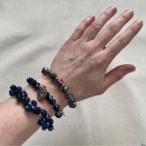 Metallic Blue and Silver Beaded Bracelet Set